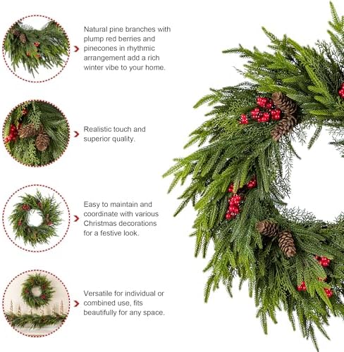 Glitzhome 24 Inch Christmas Wreaths for Front Door, Artificial Greenery Wreath with Pine Cones and Red Berries for Windows, Walls, Porches, Indoor and Outdoor Home Decoration - Image 4