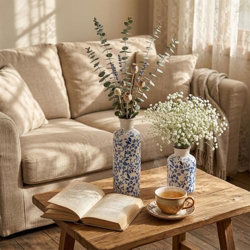 Chinoiserie Decor Ceramic Vases Set - 3 Blue and White Vase, Chinoiserie Vase Farmhouse Country, Flower Vases Home Decor, Living Room Decoration, Entrance, Fireplace, Table Decoration, Centerpieces - Image 5