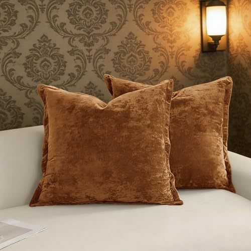 Greek Velvet Euro Sham Covers Set of 2 26x26 Luxury Soft Solid Pillow Covers for Living Room Bedroom Yard,Caramel by LRRocaloca