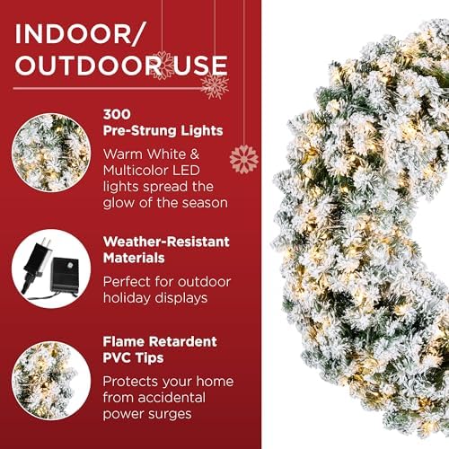 Best Choice Products 60in Large Flocked Artificial Pre-Lit Fir Christmas Wreath Holiday Accent Decoration w/ 300 2-in-1 LED Lights, 930 PVC Tips - Image 4