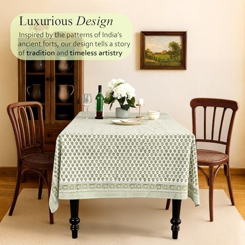CPC Tablecloth 100% Cotton 70x118 Inch Indian Block Print Rectangle Table Cover, Table Cloth for Weddings, Spring/Summer, Barbeque - Emerald Green - Image 2