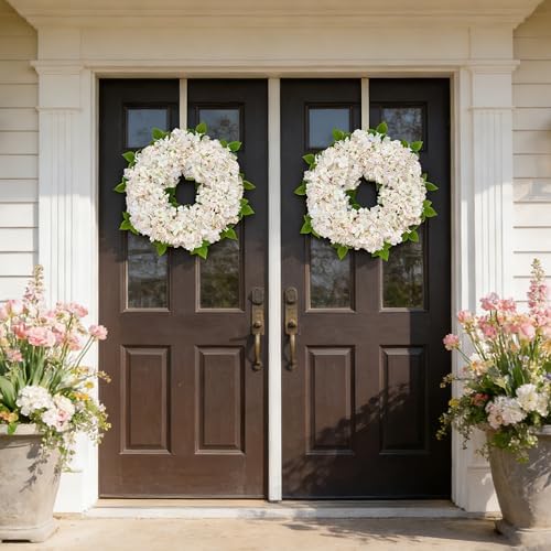 White Hydrangea Summer Wreath for Front Door with Artificial Hydrangea and Silk Greenery, 22''Outdoor Dogwood Wreath for Farmhouse Wedding & Home Decor- Spring Summer & All Seasons Display - Image 4