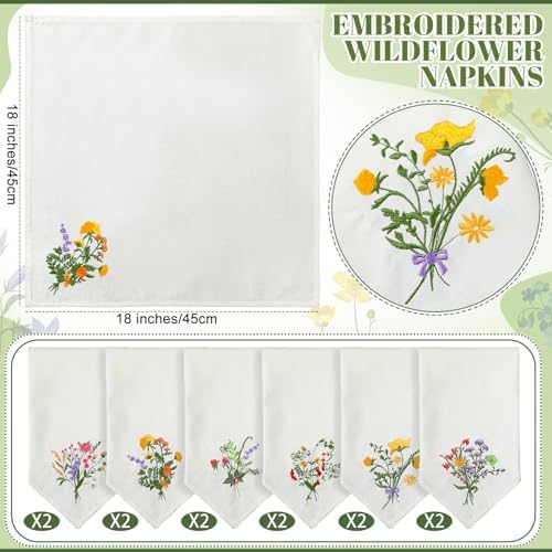 Tioncy 18 Pcs 12 Pack 18" Wildflower Embroidered Cloth Napkins, White - Image 5