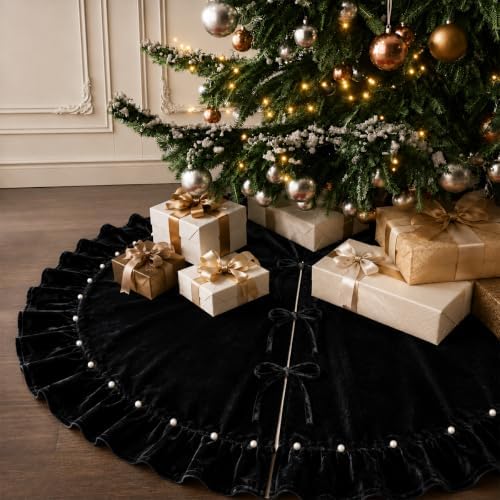 Black Velvet Christmas Tree Skirt with Ruffled Edge&Pearl,60" by DegGod