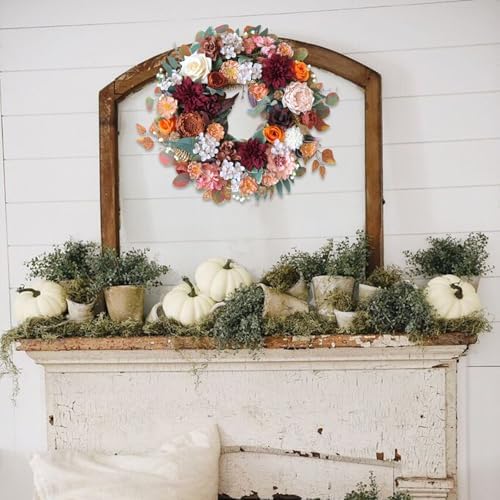 Fall Flower Wreath for Front Door with Burgundy Dahlias, Orange Roses Hydrangeas and Green Leaves, 22 inche Autumn Wreath for Home Indoor and Outdoor, Fall Harvest Thanksgiving Decoration - Image 6