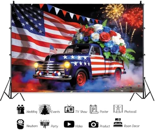 9x6ft 4Th of July Backdrop Car Colorful Flowers Independence Day Us Flag Decorations Background Memorial Veterans Day Newborn Party Birthday Party Banner Photo Booth - Image 3