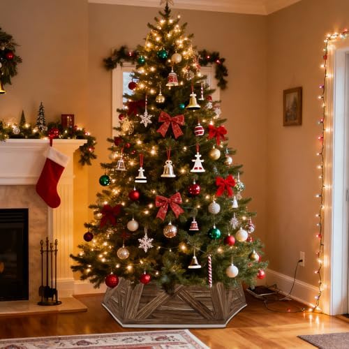OurWarm 31 inch Christmas Tree Collar, Large Hexagon Fabric Tree Ring Collapsible Trees Skirt, Rustic Double-Sided Christmas Trees Box Base for Home Festive Xmas Decorations - Image 5