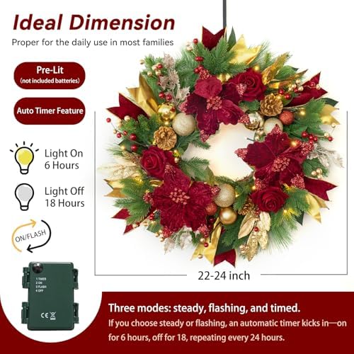 Christmas Wreaths for Front Door, Soomeir 24 Inch Outdoor Christmas Wreath with Lights, Large Prelit Wreath for Holiday Winter Window Outdoor Indoor Xmas - Image 3