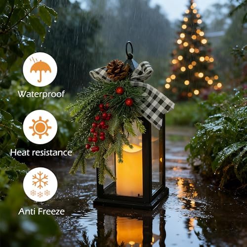 Christmas Decorative Lantern with LED Candle – Black Lantern with Pinecones, Black Bow – Battery Operated Christmas Table Centerpiece for Indoor Decor(2pack) - Image 2