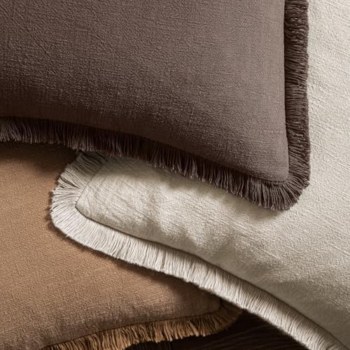 MIULEE Linen Fringe Decorative Fall Euro Pillow Covers Reddish Brown 24x24 - Image 4
