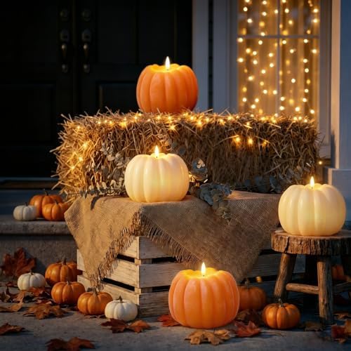 Fall Decorations for Home, Large Flameless Pumpkin Candle, Orange & White - Image 7