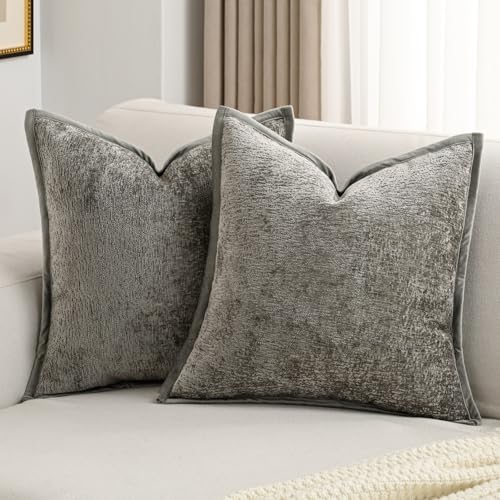 FUTEI Pack of 2 Chenille Soft Throw Pillow Covers 18x18 Inch, Grey by FUTEI