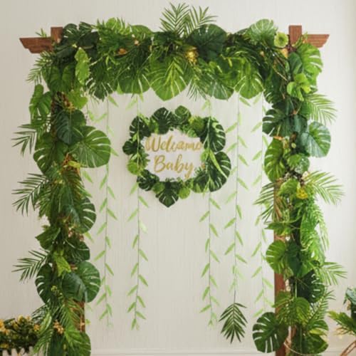 XunYee 110 Pcs Total 295 ft Jungle Theme Party Decoration, Tropical and Monstera Palm Leaves, Fake Wicker Rattan Vines, Fake Greenery Faux Leaves for Baby Shower Safari Party Decoration Set - Image 5