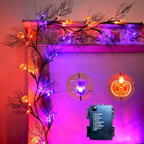 Halloween Decor Lights 8.86FT 72 LED Willow Vine Twig with Timer Battery Operated Garland Lights with Orange Pumpkins Purple Spiders and Black Dead Branches Indoor Halloween Decorations for Home - Image 2