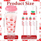 24 Sets Cherry Bow Plastic Cups 16 oz Reusable Cherry Cups with Lid and Straw Keychains for Women Birthday Wedding Baby Shower Party Supplies - Image 2