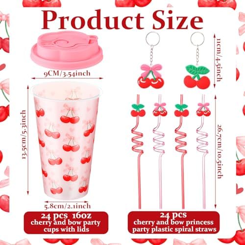 24 Sets Cherry Bow Plastic Cups 16 oz Reusable Cherry Cups with Lid and Straw Keychains for Women Birthday Wedding Baby Shower Party Supplies - Image 2