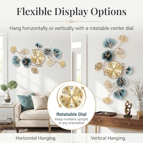 33" 3D Ginkgo Leaf Metal Wall Clock for Home Wall Decor - Image 2