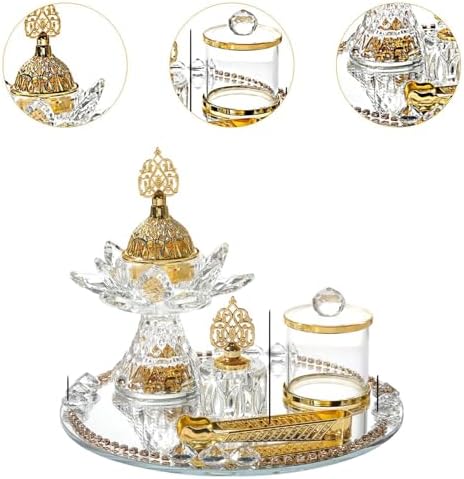 Generic Glass Incense Burner 5-Pieces Set Ramadan Decoration with Tray Storage Jar and Tongs Censer Arabian Incense Holder,Attractive Gold Incense Burner Set for Yoga SPA Desk Decor - Image 7