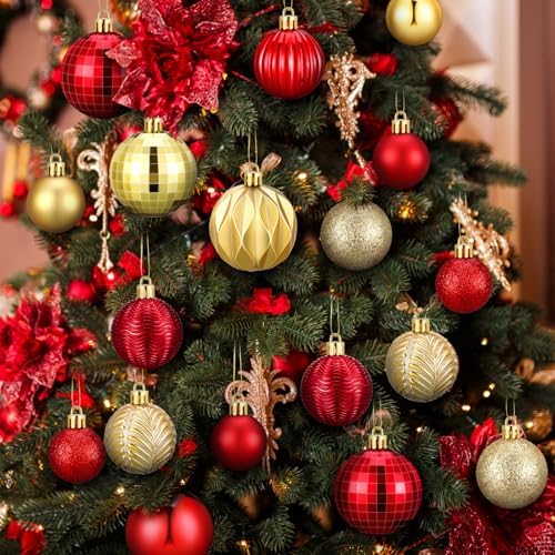 Lunmon 64 Pcs Red and Gold Christmas Ball Ornaments Glitter Xmas Bulbs - Image 5