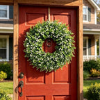 Artificial Boxwood Wreath for Front Door, Farmhouse Year Round Greenery Wreath, Indoor Outdoor with Hanging Tag and Scarf DIY Decor, All Seasons Holiday Decoration (24Inch) - Image 6