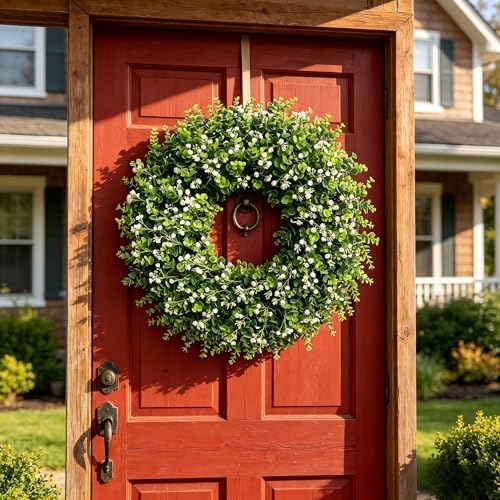 Artificial Boxwood Wreath for Front Door, Farmhouse Year Round Greenery Wreath, Indoor Outdoor with Hanging Tag and Scarf DIY Decor, All Seasons Holiday Decoration (24Inch) - Image 6