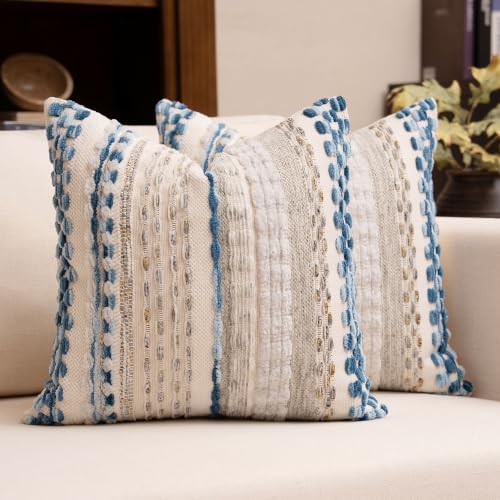 Boho Chenille Tufted Throw Pillow Covers 18x18 Inch Set of 2 Farmhouse Grey Blue Woven Striped Decorative Pillowcases for Couch Sofa Bed by KOOLIFE