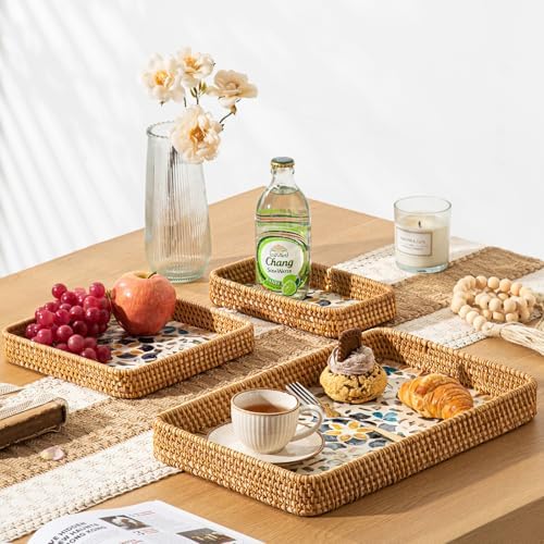 Set of 3 Rattan Serving Trays with Mother of Pearl, Terrekraft - Image 5