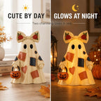 14 in Large Lighted Patchwork Ghost Figurine with Pumpkin Lantern & Remote - Image 4