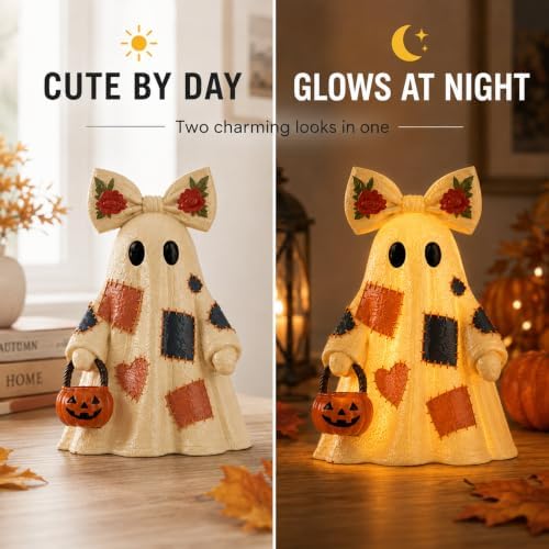 14 in Large Lighted Patchwork Ghost Figurine with Pumpkin Lantern & Remote - Image 4