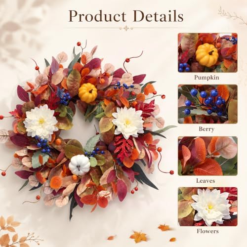 Fall Wreaths for Front Door 24 inch Wreath with Storage Bag - Image 5