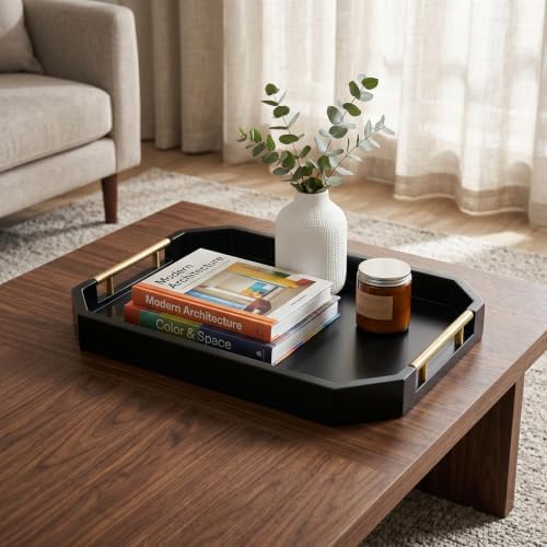 Decorative Wood Serving Tray with Polished Gold Handles, Octagon MDF Tray, Glossy Finish, 16x12 Inch, for Coffee Table, Ottoman (Black) - Image 6