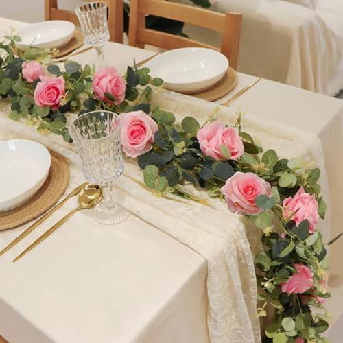 1 Pack Artificial Garland Eucalyptus Vine with 12 Roses for Home Decor Wedding Table Runner Centerpiece DIY Wreath Decor (Pink) by Unknown
