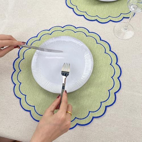 Linen Cotton Placemats Set of 4 Scalloped Flower Embroidery Place Mats 15'' Natural Linen Texture Fabric Machine Washable Table Mats for Restaurant Kitchen,Table Decor(Matcha Green) - Image 5