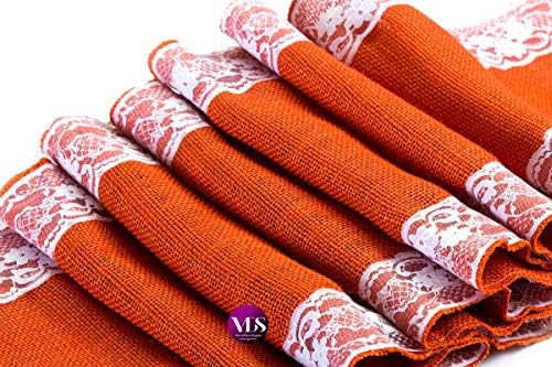 VDS Pack of 5, Burlap Table Runner with White Lace Edge, 100% Natural Jute Rustic Hessian Table Cloth Centerpiece for Wedding Birthday Party Banquet Table Decoration (Size 12X108 Inch)(Orange) - Image 2