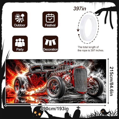 Vintage Hot Rod Garage Door Banner 7x16ft, Heavy Metal Muscle Car Outdoor Decoration, Flaming Skull Racing Car Double Garage Door Cover Tapestry Mural for House Front Man Cave Decor Accent - Image 2