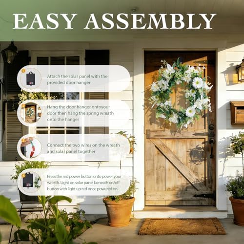 Solar Spring Wreath for Front Door 18inch 30LED Pre-lit Wreath Spring Summer Decor White Daisy Artificial Wreaths for Outside Home Decor for All Season Festival Farmhouse Decor - Image 3