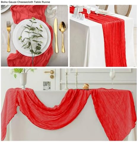 12 Pack Red 10 Ft Cheesecloth Table Runner 20x120 Inch Boho Wrinkled Sheer Romantic Gauze Decor for Wedding, Bridal Shower, Birthday Party - Image 3