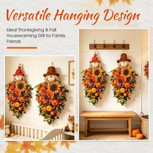 2 PCS Fall Scarecrow Teardrop Front Door Swag Wreath with Sunflower Pumpkin - Image 6