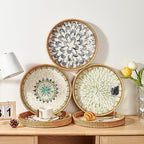 Round Rattan Tray with Mother of Pearl Inlay, Rattan Serving Tray with Wooden Base, Decorative Wicker Basket for Table Decor, Storage and Display of Coffee Bread Food Fruit (Plume) - Image 4