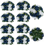 BLOSMON Navy Blue White Flowers for Centerpieces: 10 Pcs, Artificial Roses by Blosmon