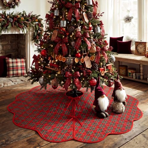Junkin Red Green Plaid Quilted 60in Christmas Tree Skirt Tartan Tree Decor - Image 3