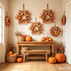 4 Pcs Small Fall Hanging Wreaths with Artificial Autumn Flowers Warm Orange Fall Foliage Wheat Spike Accents Rustic Burlap Ribbon Mini Cabinet Wreath for Farmhouse Thanksgiving Harvest Party Decor - Image 2