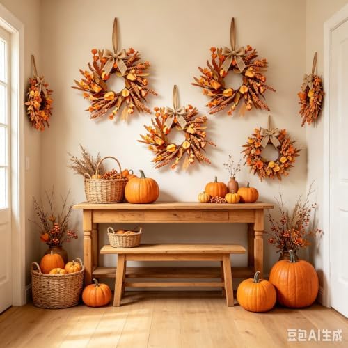 4 Pcs Small Fall Hanging Wreaths with Artificial Autumn Flowers Warm Orange Fall Foliage Wheat Spike Accents Rustic Burlap Ribbon Mini Cabinet Wreath for Farmhouse Thanksgiving Harvest Party Decor - Image 2
