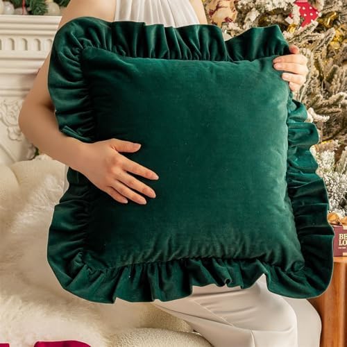Square Throw Pillow Covers Set of 2 Ruffled Frosted Velvet Decorative Throw Pillow Covers Boho Cushion Covers for Bed Sofa Couch Living Room Christmas Decoration 18×18 inch Red + Green - Image 4