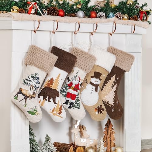 LUBOT 5 Pack Christmas Stockings 20" Set of 5 3D Towel Embroidery Sequin Mix Large Family Xmas Stocking Set Gifts Rustic Farmhouse Stocking Fireplace Hanging Holiday Decor - Image 3