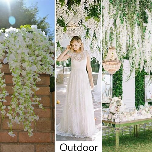 48Pcs Artificial Wisteria Flowers 3.6 Feet/Piece White Dense Artificial Fake Wisteria Vine Ratta Hanging Garland Silk Flowers String Home Party Wedding Decor(White-Dense) - Image 6