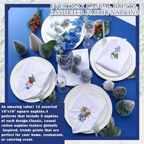 HunnmingRe 12 Pcs Christmas Blue and White Cloth Napkins, 17x17 Inch - Image 2