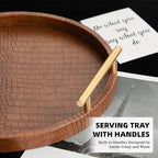 Modern Decorative Serving Tray, Set of 2 Modern Crocodile Leather Round Trays with Polished Metal Handles, Decorative Trays Coffee Table Tray Ottoman Platter for Home Decor (Brown) - Image 4