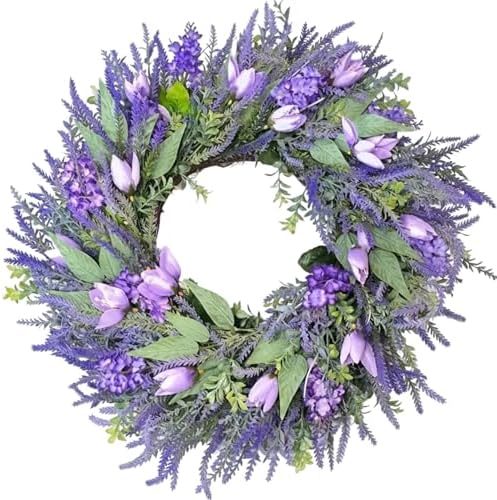 26" Artificial Spring Wreath for Front Door - Large Silk Hydrangea Daisy Rose Mixed Floral Wreath - Farmhouse Porch Wall Decor, Easter Mother's Day Decoration (Multicolor) (Purple, 26in) by OCSOSO