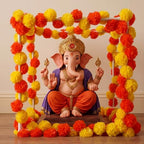 Marigold Garland with Makhar Mandap Stand for Ganpati Pooja Diwali Decor by Unknown